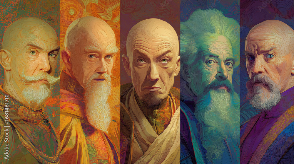 Naklejka premium Serious fantasy portrait collage of five wise, bald, elderly men with beards. master wizard or monk council shows powerful and intense human expression
