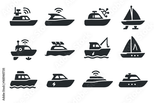 Navigation yacht icons control autonomous patrol boat icon vector cruiser electric smart