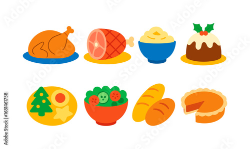 Festive holiday feast with traditional dishes in vibrant flat style imagery