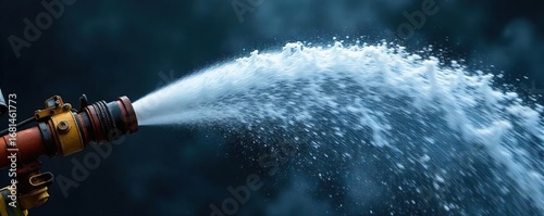Powerful jet of water from a fire hose, spraying a high arc against a dark smoky background Ideal for illustrating firefighting, emergency response, or water power , force, nozzle, blaze