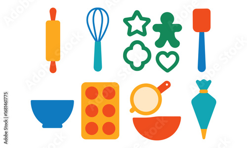 Colorful baking tools and cookie cutters for creative kitchen creations