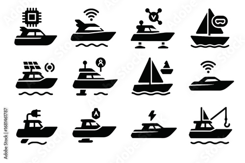 Leisure yacht craft electric icon robotic autonomous smart sailboat boat vector icons