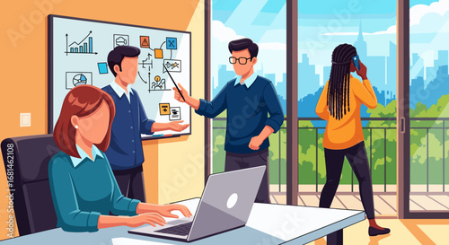Diverse team collaborating in a modern office. Professionals analyze data, a colleague works on a laptop, and another takes a call with city views. Business, strategy, teamwork.