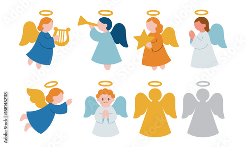 Charming angels set featuring musical and praying heavenly figures in whimsical flat art style