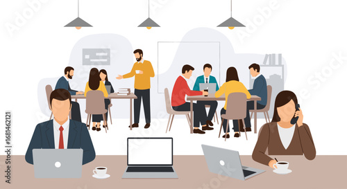 Professionals collaborate in a modern office, working on laptops, attending meetings, and communicating. Depicts teamwork, productivity, and a dynamic business environment.