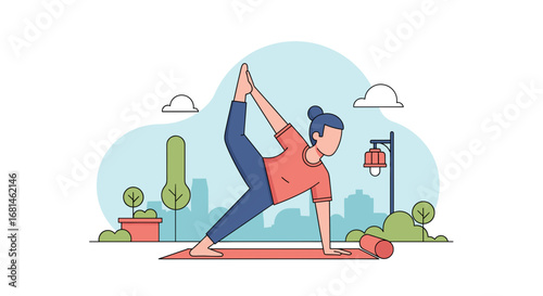 Illustration of a woman in a dynamic yoga pose on a mat in an urban park, symbolizing fitness, balance, and healthy lifestyle.