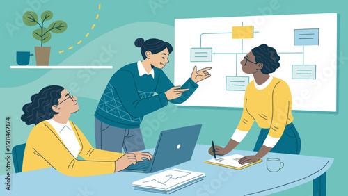 Diverse professional businesswomen collaborate and discuss strategy during a productive office meeting. Teamwork and communication in action.