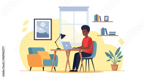 A focused Black man works remotely on his laptop at a modern home desk, creating an ideal setting for productivity, online learning, or casual business tasks.