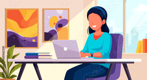 Happy woman working on laptop at home office, depicting remote work, online education, or modern business lifestyle.