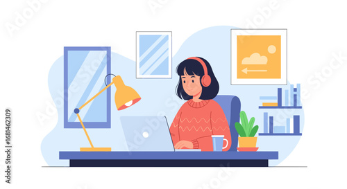 Focused woman in headphones using a laptop at her desk, illustrating productive remote work, e-learning, or a cozy home office setup.