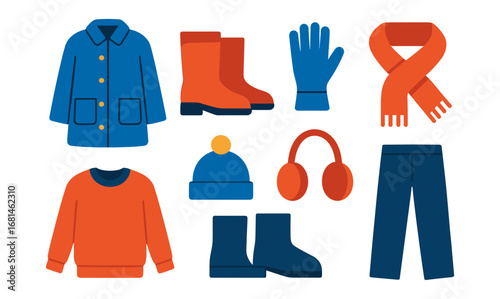 Winter accessories and clothing in flat design style for seasonal fashion