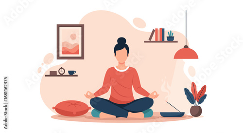 Person meditating at home, finding peace and balance. Concept of mindfulness, relaxation, and healthy lifestyle for wellness and stress relief.