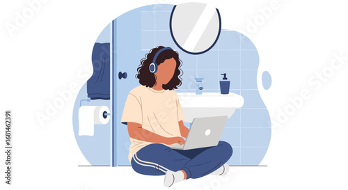 Young person with headphones working on laptop in an unconventional bathroom setting, illustrating remote work flexibility, privacy, or focused productivity at home.