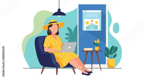Stylish woman in a hat efficiently works on her laptop from a cozy armchair. Represents remote work, freelancing, and digital productivity.