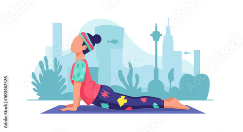 Woman practicing yoga in cobra pose against an abstract urban cityscape. Represents wellness, healthy lifestyle, fitness, and tranquility.