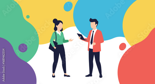 Two business professionals communicate and collaborate, discussing ideas with a tablet against a vibrant, abstract background. Represents modern teamwork and information exchange.