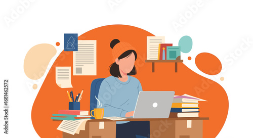 Young woman focused on remote work or online study at a cozy home office desk with a laptop, coffee, and books. Perfect for business, education, or freelance lifestyle themes.