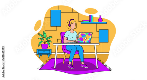 Focused woman working remotely on her laptop with headphones in a vibrant home office setting, illustrating freelance, online education, or hybrid work concepts.