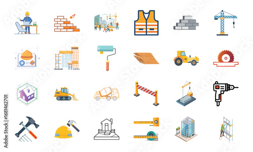Construction and Building Icons Set – Architecture Tools, Engineering Equipment, Construction Site, Crane, Safety Helmet, Concrete Mixer, Bulldozer, Power Drill, Saw, Hammer, Ruler, Paint Roller, Wood