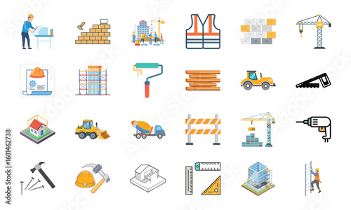 Construction and Building Icons Set – Architecture Tools, Engineering Equipment, Construction Site, Crane, Safety Helmet, Concrete Mixer, Bulldozer, Power Drill, Saw, Hammer, Ruler, Paint Roller, Wood