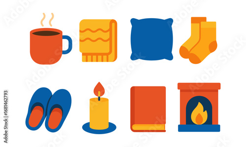 Cozy icons featuring coffee, warm blanket, pillow, socks, slippers, candle, book, and fireplace