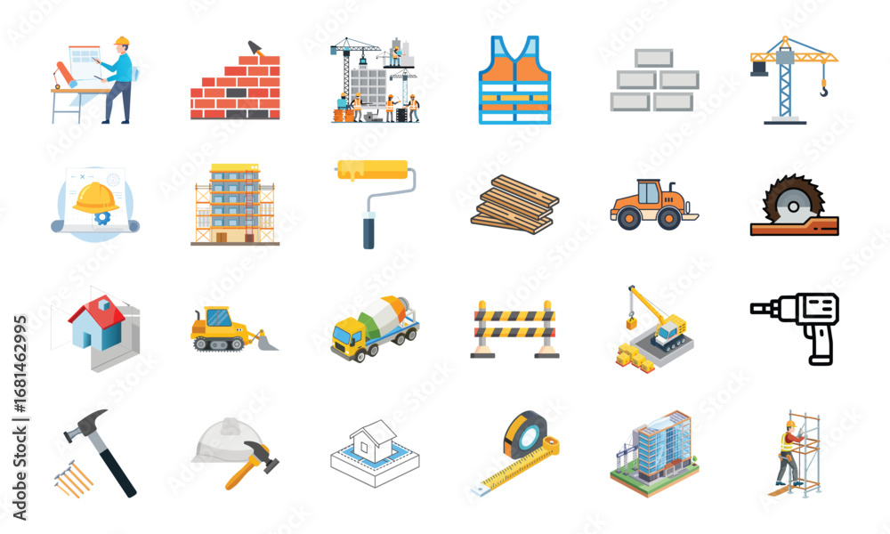 Obraz premium Construction and Building Icons Set – Architecture Tools, Engineering Equipment, Construction Site, Crane, Safety Helmet, Concrete Mixer, Bulldozer, Power Drill, Saw, Hammer, Ruler, Paint Roller, Wood