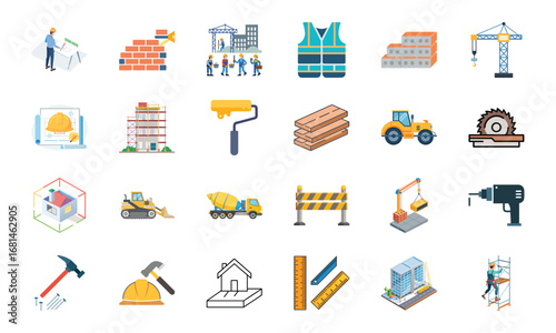 Construction and Building Icons Set – Architecture Tools, Engineering Equipment, Construction Site, Crane, Safety Helmet, Concrete Mixer, Bulldozer, Power Drill, Saw, Hammer, Ruler, Paint Roller, Wood