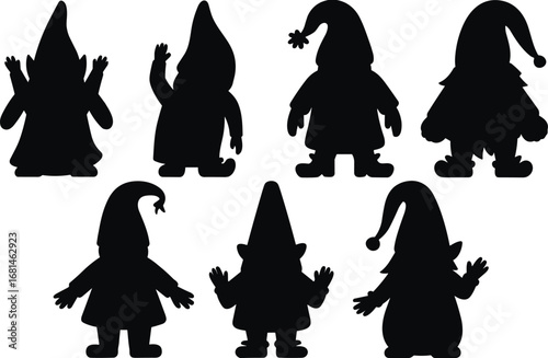 Cute gnome silhouette illustration, fantasy dwarf character clipart, Christmas elf black shape, magical fairytale decoration design art