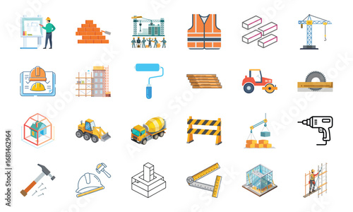 Construction and Building Icons Set – Architecture Tools, Engineering Equipment, Construction Site, Crane, Safety Helmet, Concrete Mixer, Bulldozer, Power Drill, Saw, Hammer, Ruler, Paint Roller, Wood