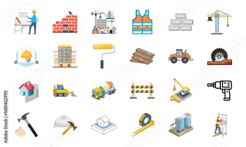 Construction and Building Icons Set – Architecture Tools, Engineering Equipment, Construction Site, Crane, Safety Helmet, Concrete Mixer, Bulldozer, Power Drill, Saw, Hammer, Ruler, Paint Roller, Wood