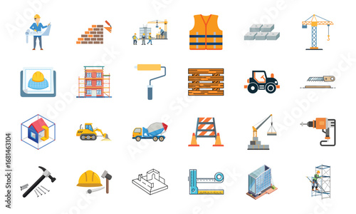 Construction and Building Icons Set – Architecture Tools, Engineering Equipment, Construction Site, Crane, Safety Helmet, Concrete Mixer, Bulldozer, Power Drill, Saw, Hammer, Ruler, Paint Roller, Wood
