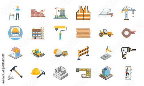 Construction and Building Icons Set – Architecture Tools, Engineering Equipment, Construction Site, Crane, Safety Helmet, Concrete Mixer, Bulldozer, Power Drill, Saw, Hammer, Ruler, Paint Roller, Wood