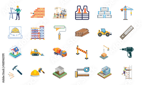 Construction and Building Icons Set – Architecture Tools, Engineering Equipment, Construction Site, Crane, Safety Helmet, Concrete Mixer, Bulldozer, Power Drill, Saw, Hammer, Ruler, Paint Roller, Wood