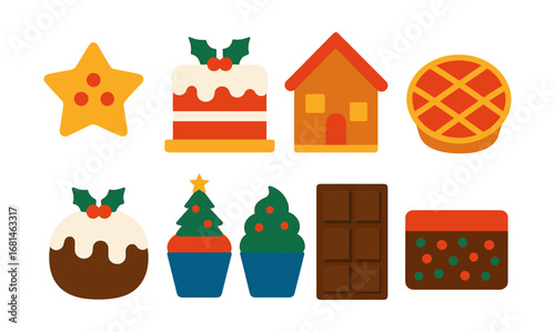 Festive holiday desserts in flat design: cakes, cookies, and sweets collection