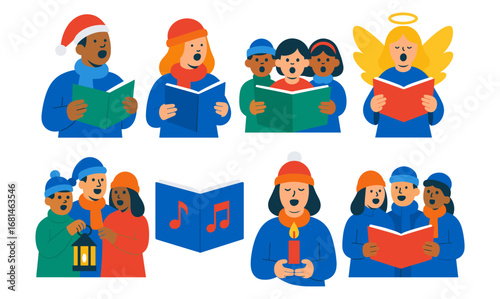 Festive choir: diverse characters singing christmas carols with joyful expressions