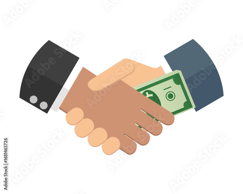 Corrupt business deal symbolized by a handshake with a hidden money exchange, representing bribery and illegal transactions