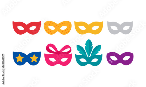 Colorful decorative costume masks on white background