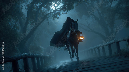 Headless Horseman Holding a Jack-O-Lantern on a Foggy Bridge