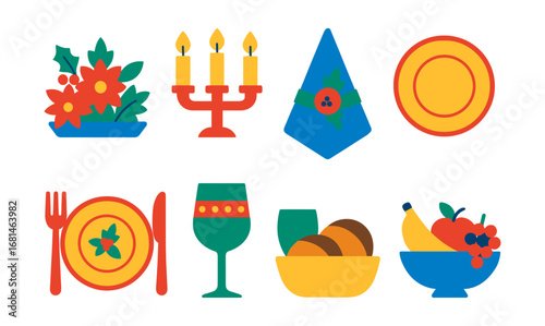 Festive flat design holiday dinner icons with candles, plates, and fruits
