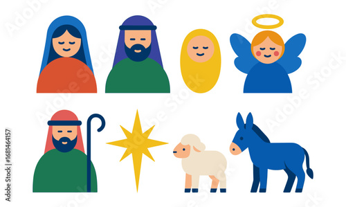 Nativity scene flat style with mary, joseph, baby jesus, angel, shepherd, star, lamb, and donkey
