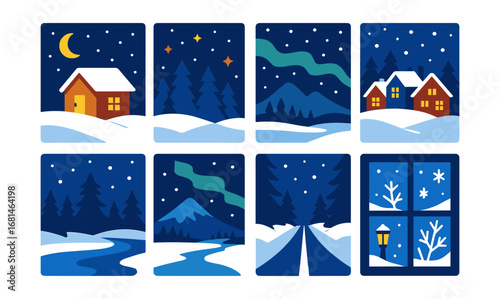 Cozy winter night scenes with snowy landscapes and starry skies in flat style
