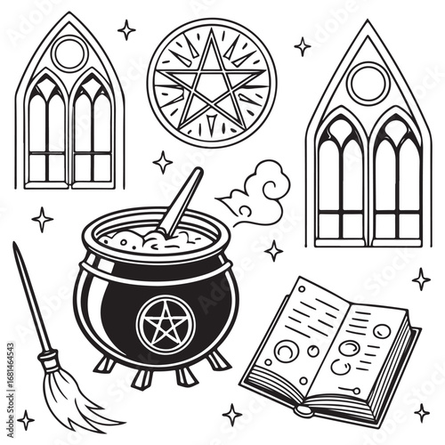 Mysterious witchcraft symbols and tools including a cauldron broom pentagram grimoire and gothic windows in a hand drawn sketch style