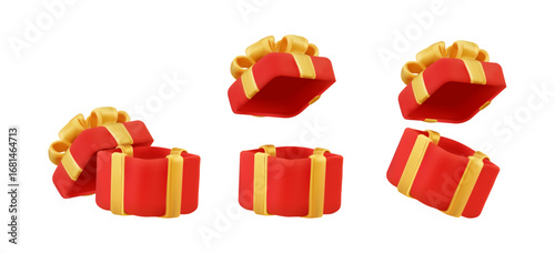 3D red gift boxes with golden ribbons isolated on white background as festive set for holiday, bonus and promotion design