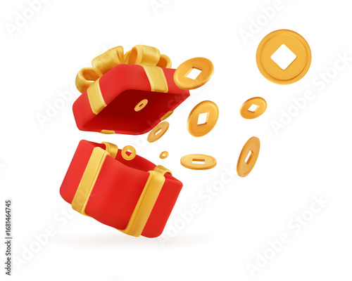 3D red gift box with golden ribbon and flying coins isolated on white background for jackpot, cashback and festive reward