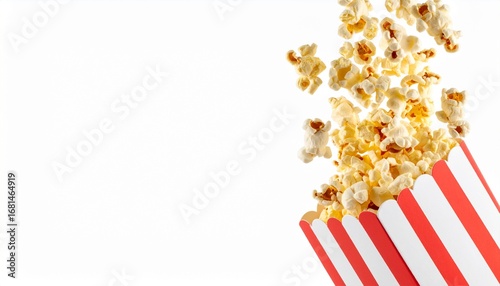 Popcorn flying out of red white striped paper box isolated on white,