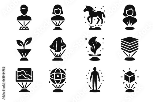 Vector animal holographic assistant icon layered cube projection volumetric hologram set