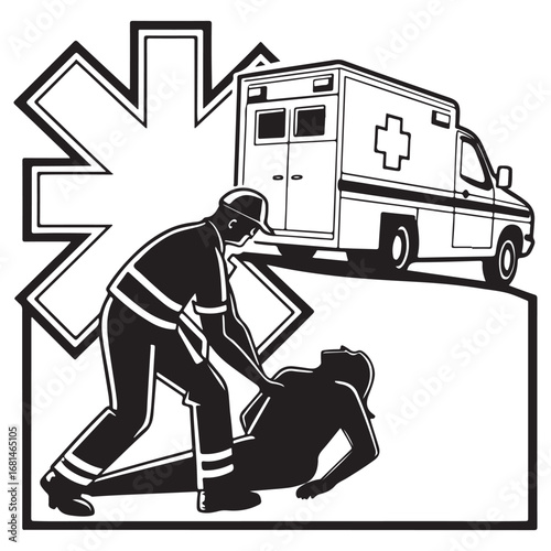 Paramedic assisting a fallen person with an ambulance and star of life symbol in the background