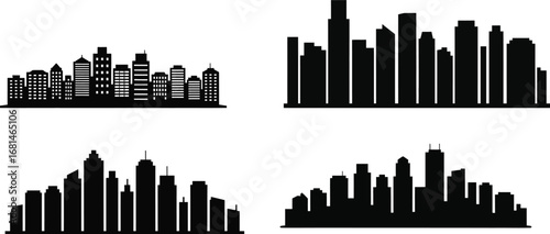 Skyline silhouette city buildings solid black minimal illustration on white clean background