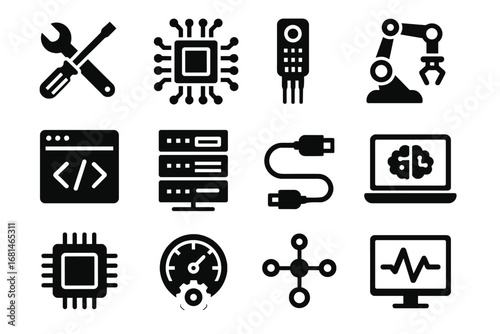 Icon robotic repair module vector screen ai node laptop technician arm server