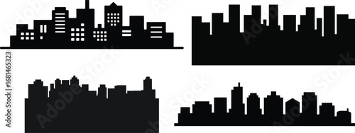 City silhouette urban buildings solid black minimal illustration on white clean background
